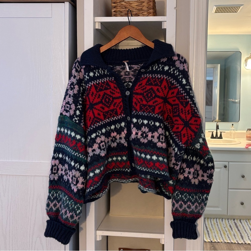 Free People Red and Blue Patterned Cardigan